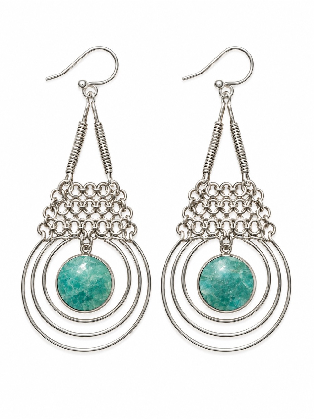 Peruvian hand made Silver-Tone Hoop Drop Earrings with Teal Stone